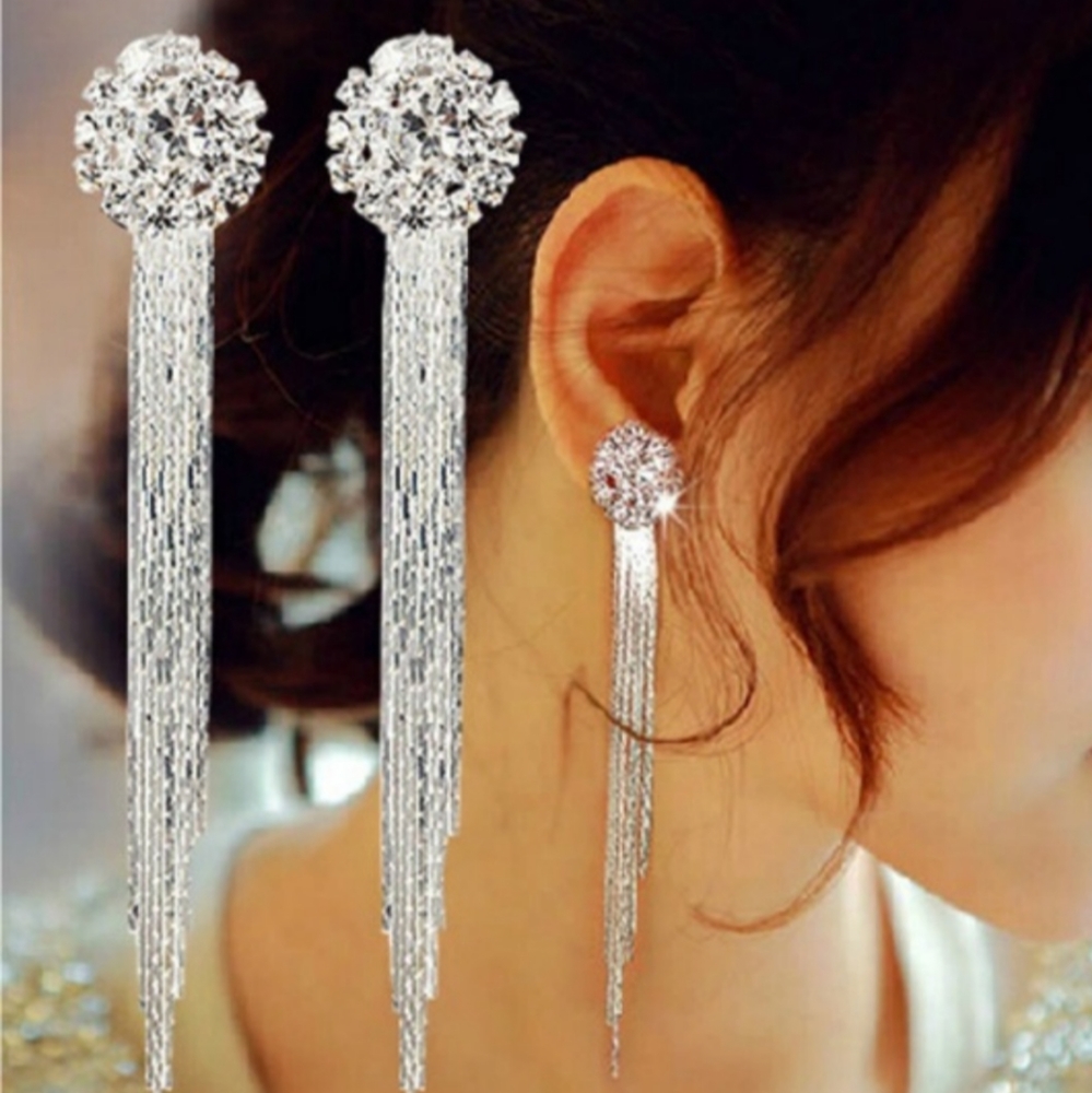 Brand new gorgeous silver earrings dangle and zircon diamond 9.5 cm